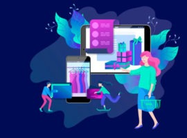 Illustration of woman with shopping bags and computers surrounding her, representing digital commerce online shopping