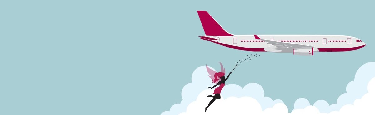 Fairy flying by airplane, representing airline customer service.