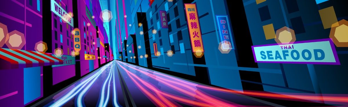 Image of city street with neon lights on the road, representing mobile e-commerce website speed.