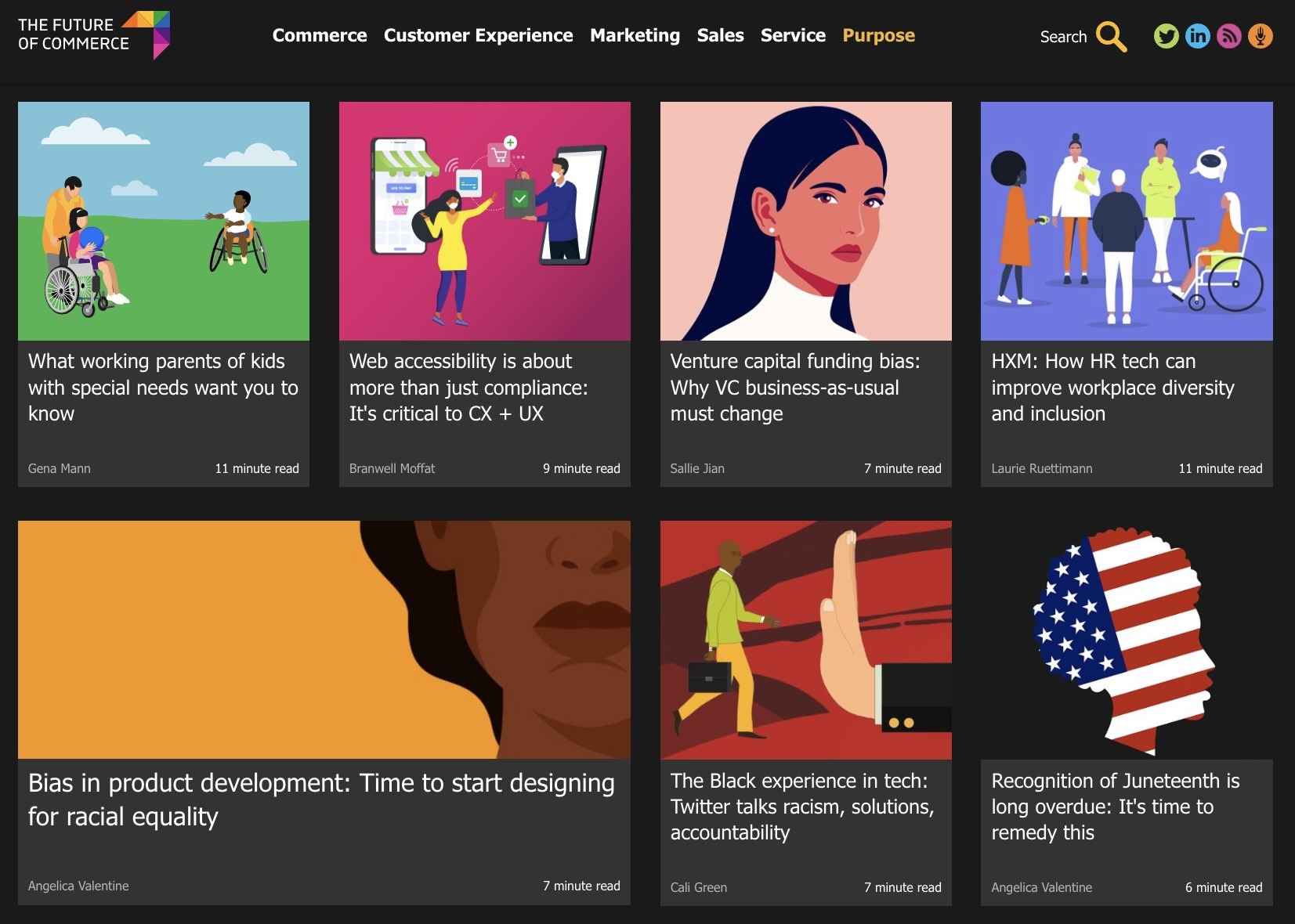 Image of section of the Future of Commerce website, showing artwork of posts with women, people of color, and differently-abled, representing the change in design on the site to reduce bias. 
