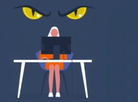 رسم توضيحي لامرأة تعمل على جهاز كمبيوتر ، وعيناها خلفها ، تمثل مخاطر التصيد الاحتيالي.