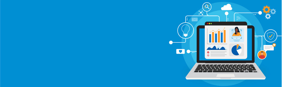 Illustration of a laptop with data symbols surrounding it, representing analytics.