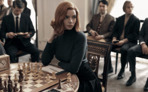 A woman sits at a chess table with a clock.