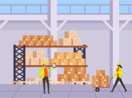 Two workers, one with a handheld computer, in a warehouse with shelves of boxes, illustrating digitalization of wholesale distribution.