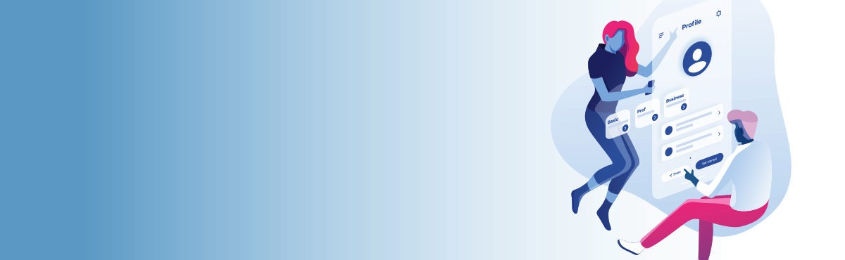 Image of a woman on a smartphone and a man works behind the scenes to improve her experience through interpreted big data. Customer profiles bring people's preferences to life in actionable ways with first party data.