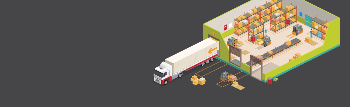 Image shows a warehouse facility with a large truck backed up to a loading dock, inside there are lines and boxes indicating logistics best practices for distribution.