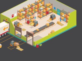 Image shows a warehouse facility with a large truck backed up to a loading dock, inside there are lines and boxes indicating logistics best practices for distribution.