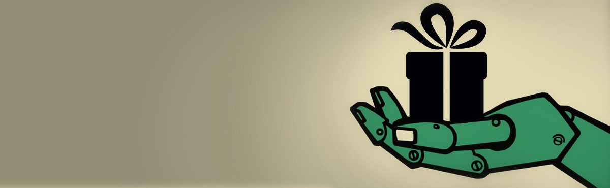 A robot / AI hand holds a gift box. The future of online shopping has customization, virtual try-ons, and personalization for customers.