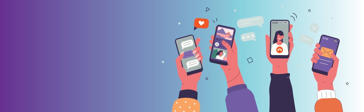 Image of the hands of 4 different people holding smart phones representing Consumer brands must meet modern buyers where they are to succeed in the DTC world. Discover what it takes to win over today's omnichannel consumer.