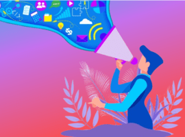 Image of person with a megaphone, images coming out of the megaphone are social, wifi, financial, and emojis, symbolizing customer service management.