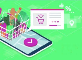 Illustration of a mobile device with groceries and social icons surrounding it, representing omnichannel grocery shopping.