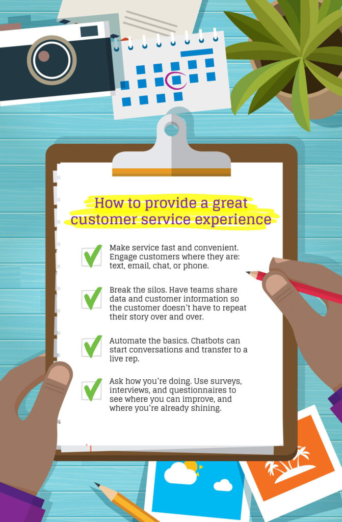 Image of a clipboard with a checklist for providing a great customer service experience . Make service fast, deconstruct silos, automate where possible, engage customers with conversations about how they feel.