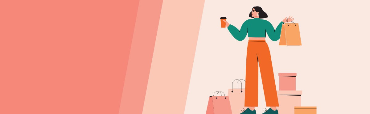 A woman stand holding a coffee cup and a shopping bag. Around her feet are more bags. Return policies must be easy for consumers.