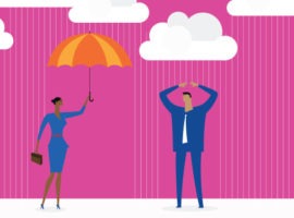امرأة تتوقع المطر وتحمل مظلة للرجل ، مما يوضح الطريقة التي يمكن لموظفي المبيعات من خلالها توقع ما يحتاجه العملاء والبقاء في طليعة طلباتهم لبناء الولاء.