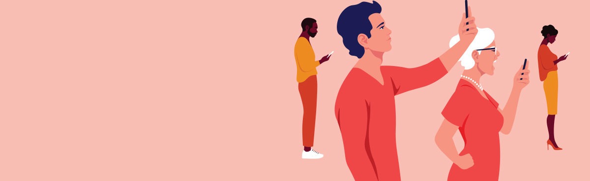 Four customers of varying age and ethnicity offer feedback through their mobile phones. This represents the need (and value) for brands to listen to customers to build the best process.