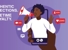 Image representing customer engagement with a Black woman springing from a smartphone holding a megaphone with icons popping up showing engagement