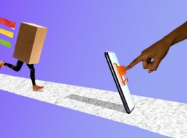 صورة تمثل مشتري B2B ، مع قيام يد بإصدار أمر شراء على هاتف محمول وصندوق كرتوني بأرجل تتجه نحو الهاتف.