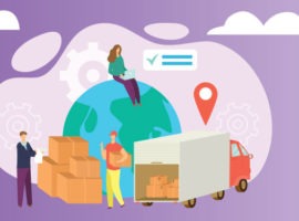 A vignette of supply chain and logistics factors: Woman using a laptop as gears turn behind her, sales and warehouse workers talk, a delivery truck's back door lifts to reveal shipping containers and a location pin.