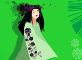 امرأة آسيوية شابة تقف على خلفية خضراء زاهية.  إنها تنضح بالأناقة وتمثل سلوك المستهلك من الجيل Z