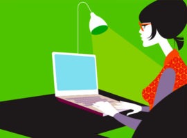 رسم توضيحي لامرأة ترتدي نظارات حمراء زاهية تستخدم جهاز كمبيوتر محمول.  ملابسها جريئة.  يخلق البريد الإلكتروني المخصص من العلامات التجارية فرصًا للولاء من الأشخاص الذين يشعرون بأنهم مرئيون.
