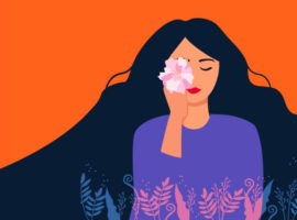 رسم توضيحي لامرأة شابة ذات شعر أسود طويل تحمل زهرة فوق عين واحدة ، تنقل تجارب البيع بالتجزئة الشخصية
