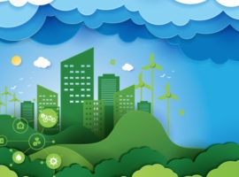 An illustration of a green cityscape with a blue sky and energy iconography representing how cloud helps companies reach their sustainability goals.