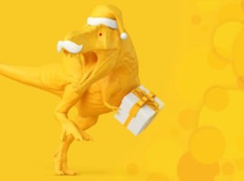 T-rex in a santa cap with a gift in hand, representing holiday spending 2022.