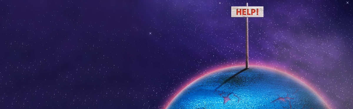 Earth in the sky with a sign that says "Help", representing sustainability trends 2023.