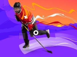 A hockey player speeds across a rink, the colors of his jersey running behind him like streamers as an example of the need to move with sports fans through livestream and online options in the future of sports.