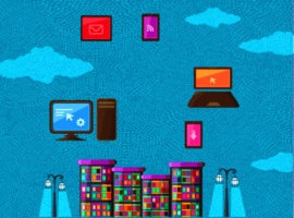 رسم توضيحي لمدينة مع أجهزة الكمبيوتر المحمولة والأجهزة المحمولة والسحاب أعلاه
