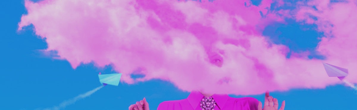 Image of woman with clouds over her face, representing workers zoning out during virtual meetings.