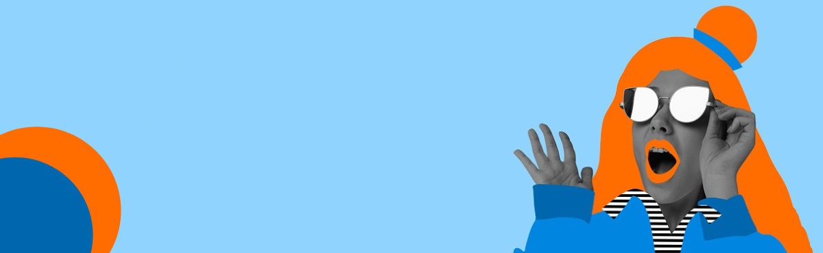 Pop art image of a young woman wearing glasses and expressing amazement.