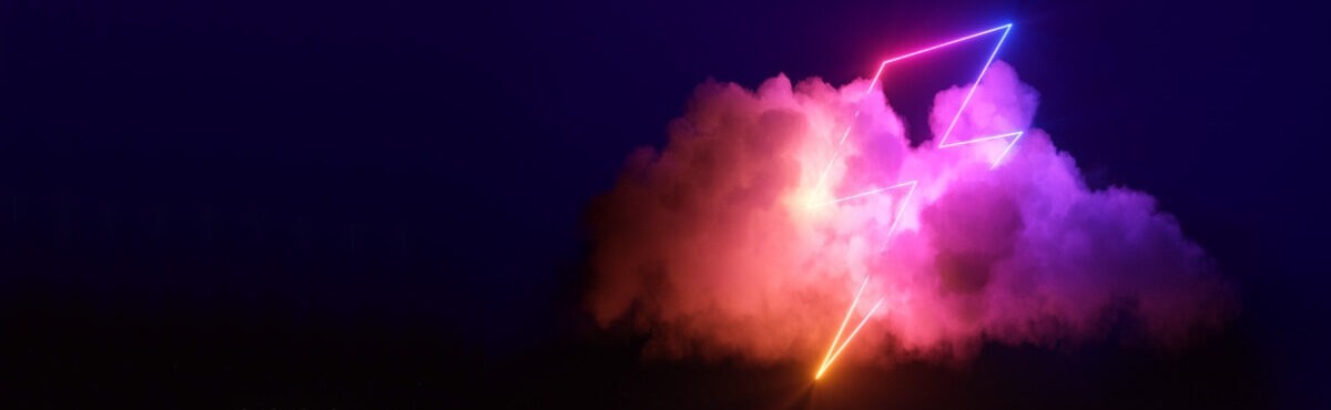 Bolt of lightning surrounded by multi-color neon clouds, representing CX trends 2023. The top 2023 CX trends include customer service and personalized services.