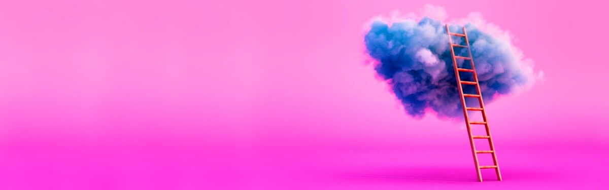 A ladder reaches up to a blue puffy cloud against a bright pink background, representing ERP modernization.