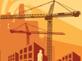 Industrial buildings against an orange sky with 2 people standing on either side looking up, representing mill product inflation.