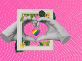 Hands making heart symbol with a rainbow heart at the center, with a vintage frame and tropical leaves, representing how to connect CX and EX to become customer centric.