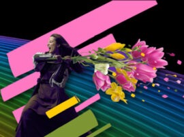 Woman wielding flowers as a medieval knight on bright neon background, representing a TikTok ban.