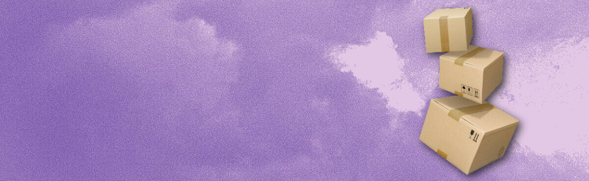 Boxes falling against stormy, purple clouds, representing a potential UPS strike in 2023.