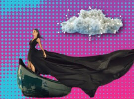 Woman in black dress on a boat, with clouds in the sky that have data lights in them, representing the different types of cloud computing.