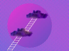 An illustration of a staircase going up to two purple clouds, representing digital transformation in insurance.