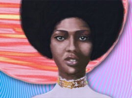 Portrait of young woman against the background of a bright red disk of the sun, with a skeptical look on her face, representing human trust in AI.