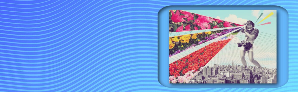 Woman standing over a city, peering through telescope with rays of multicolored flowers, representing personalized e-commerce benefits.