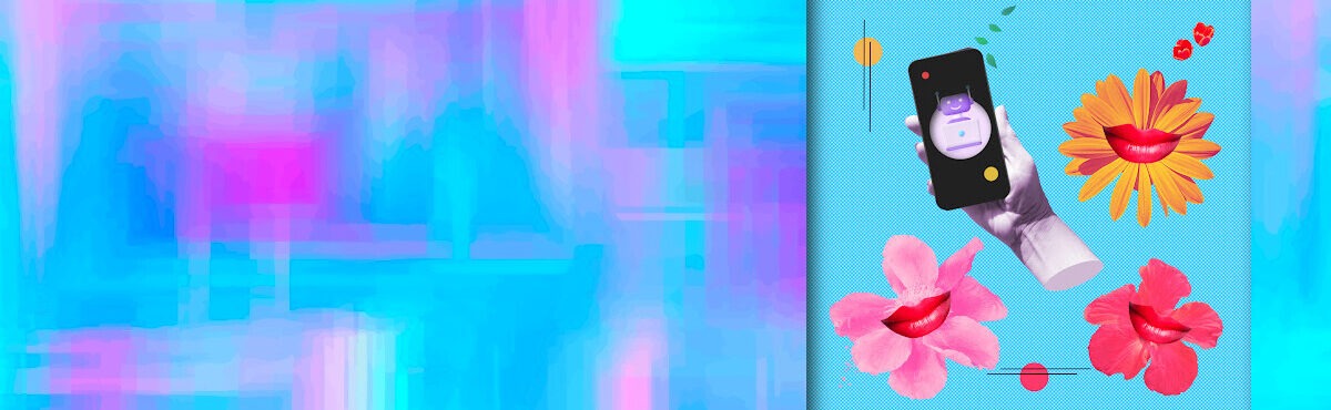 Abstract art with an online buying symbol and AI bot on a mobile phone and artwork with abstract flowers and a pearlescent metal background, representing artificial intelligence in retail.