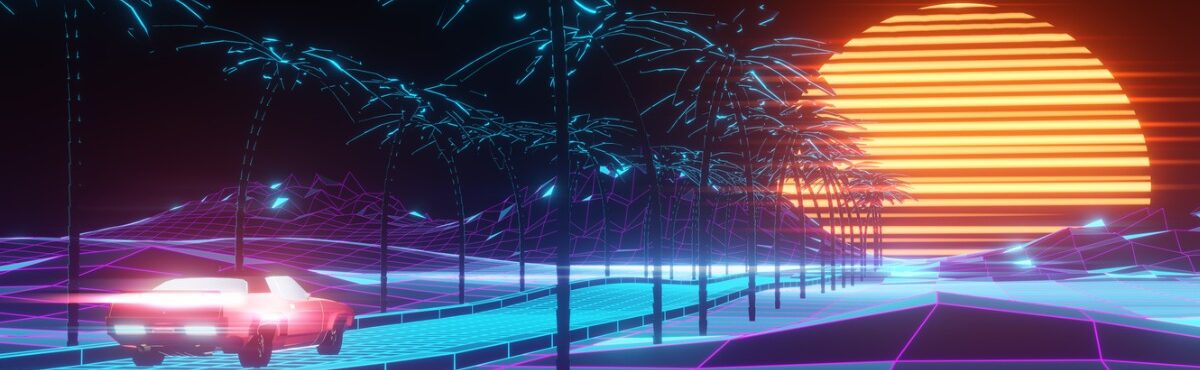 Futuristic abstract background with a car heading toward a setting sun, representing auto industry trends. Futuristischer abstrakter Hintergrund mit einem Auto, das auf eine untergehende Sonne zusteuert und Trends in der Autoindustrie darstellt.