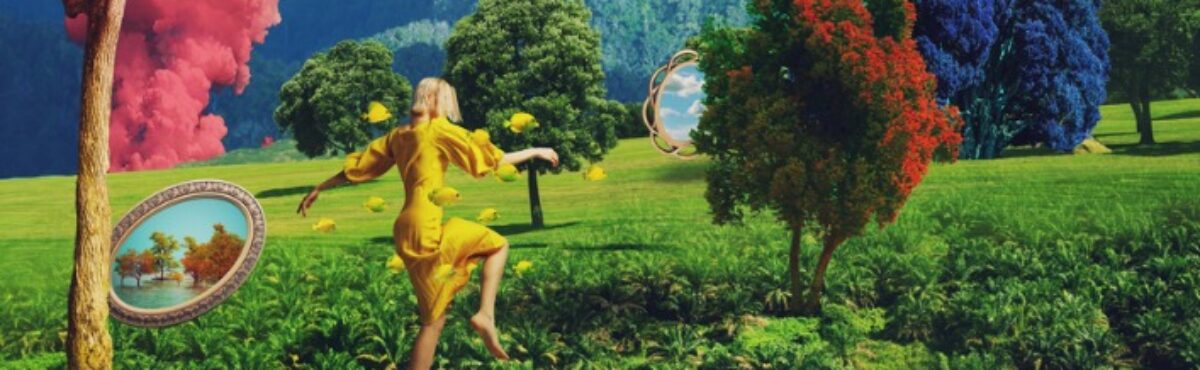 Illustration of woman walking in a yellow dress with a school of yellow fish surrounding her in a surreal mountain landscape, representing the personality hire at work.
