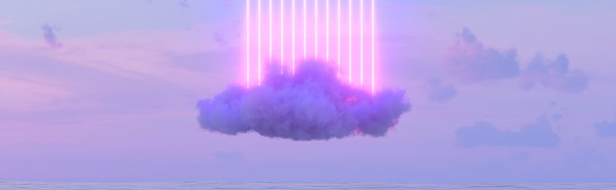3D rendering of neon lightning with glowing lines and a cloud over a body of water