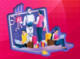 Illustration of robots and humans working together in an office setting, representing AI in wholesale distribution.