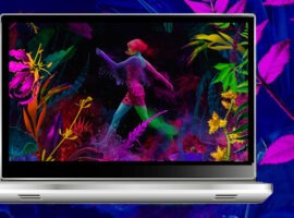 Photo compilation of woman running through a surreal vibrant jungle on a laptop screen, representing the omnichannel retail experience.
