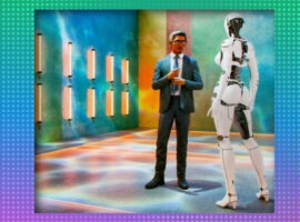Illustration of a businessperson talking to a robot, representing AI in customer service.