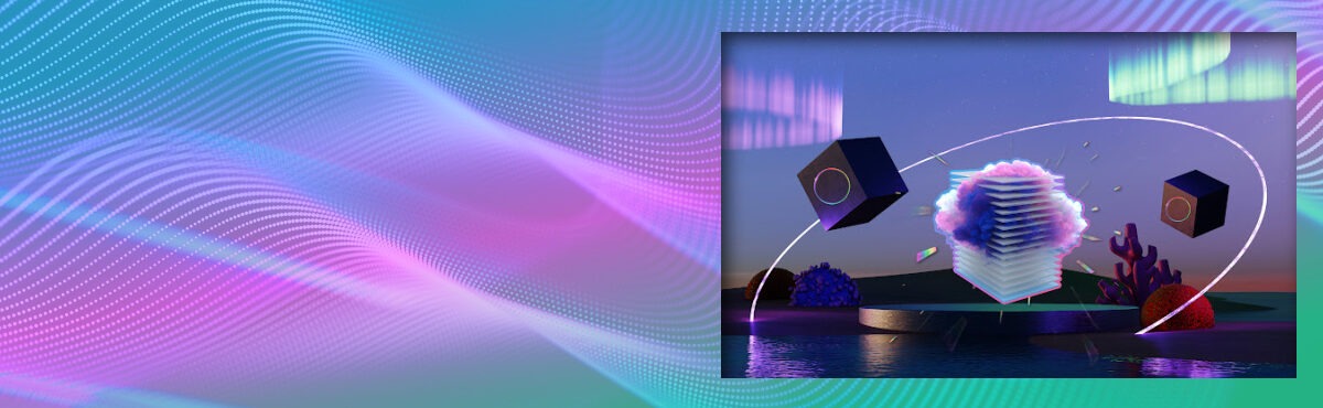 Illustration of a cloud tech stack on a platform with a neon circle and two boxes orbiting around it, representing midmarket manufacturers moving to the cloud as the US paper and packaging industry adapts to tariffs.